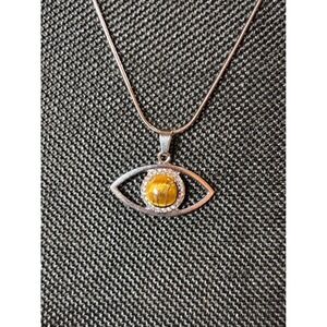 Stainless Steel Tiger Eye Evil Eye Pendant Necklace Silver Tone Crystal Halo